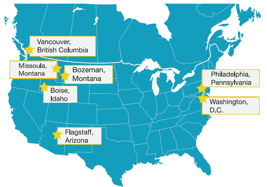Map of the US illustrating the cities participating the Insights work 