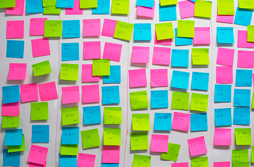 A wall of assorted colorful post-it notes