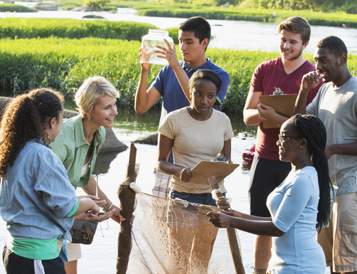 A teacher and group of young students at an estuary conducting science expirements